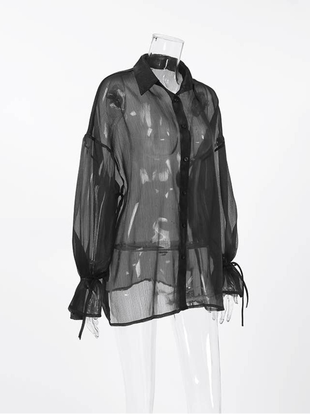 Sheer Black Button-Up Women's Blouse - Picture 4 of 8